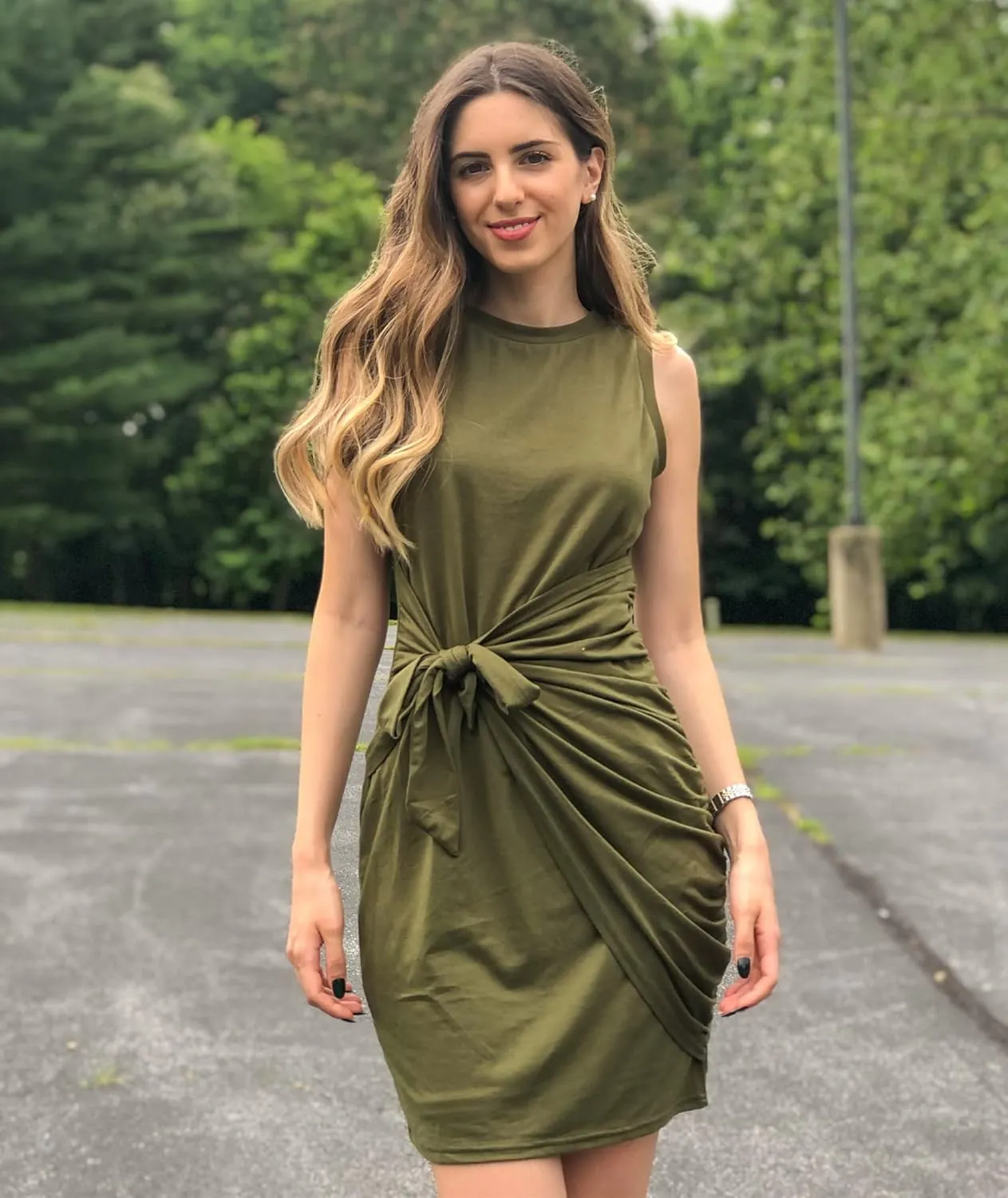 BTFBM Women's 2025 Summer T Shirt Dress Casual Sleeveless Wrap Bodycon Ruched T Shirt Spring Dress Tie Waist Mini Dresses