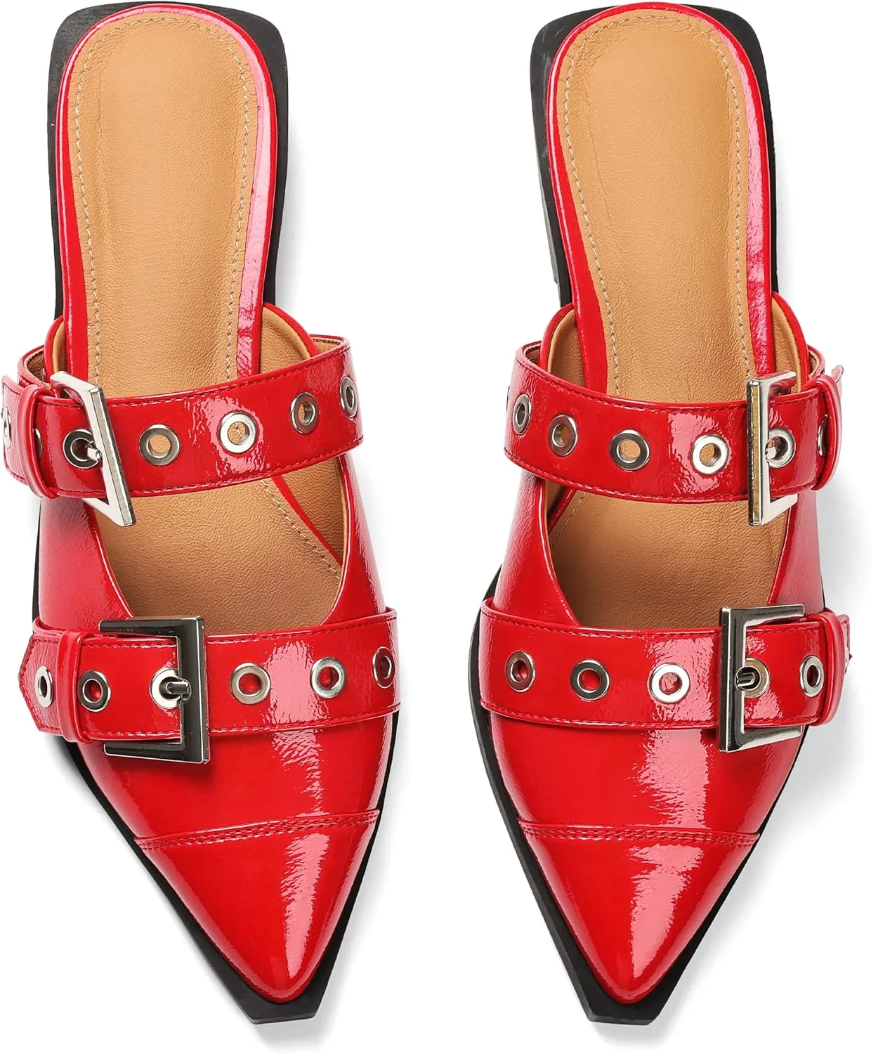 Buckle Flats for Women Pointy Toe Wide Welt Buckled Mules Low Block Heel Slippers Mary Jane Shoes Comfortable Ballerina Flats