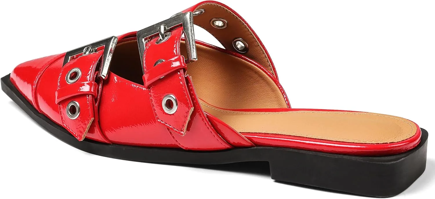 Buckle Flats for Women Pointy Toe Wide Welt Buckled Mules Low Block Heel Slippers Mary Jane Shoes Comfortable Ballerina Flats