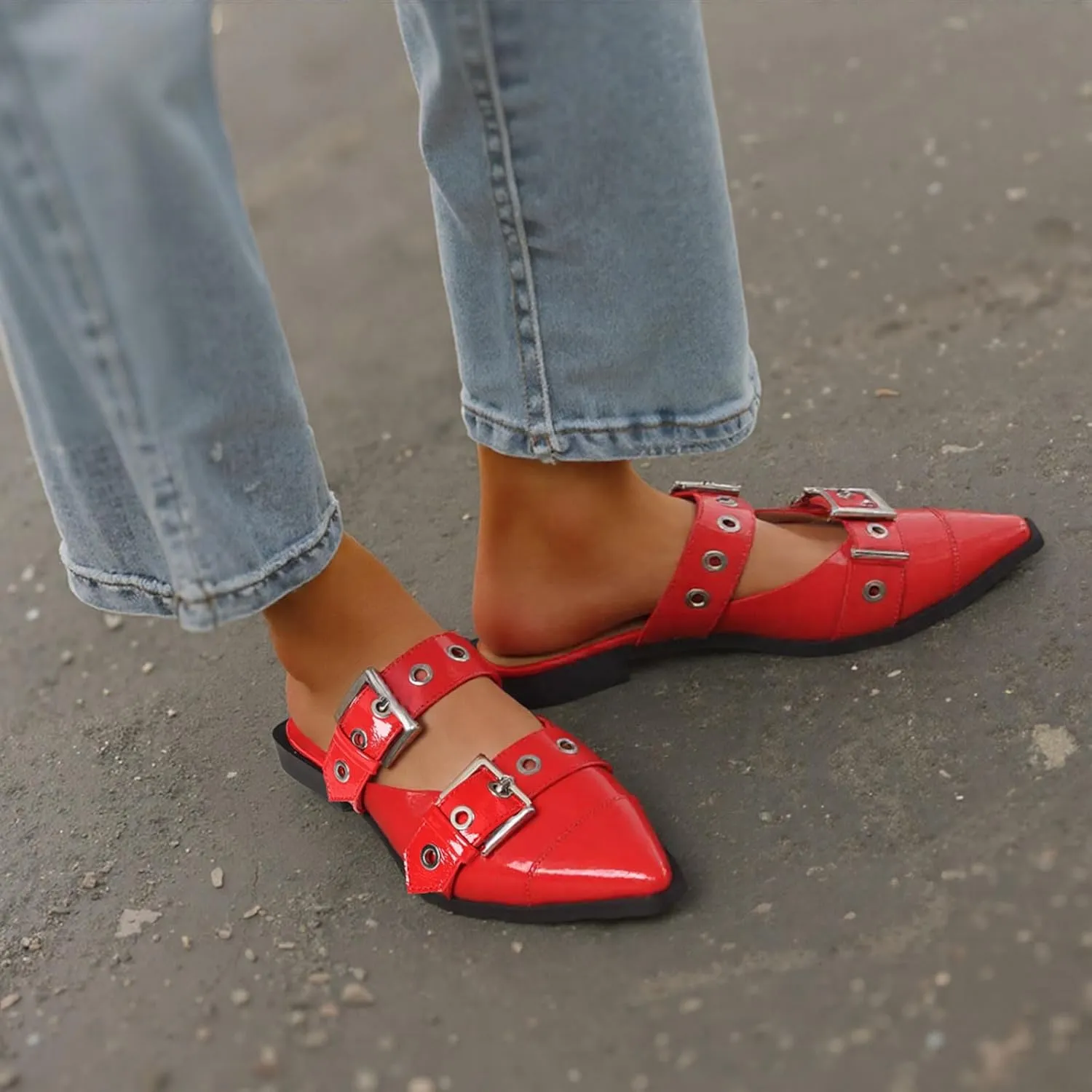 Buckle Flats for Women Pointy Toe Wide Welt Buckled Mules Low Block Heel Slippers Mary Jane Shoes Comfortable Ballerina Flats