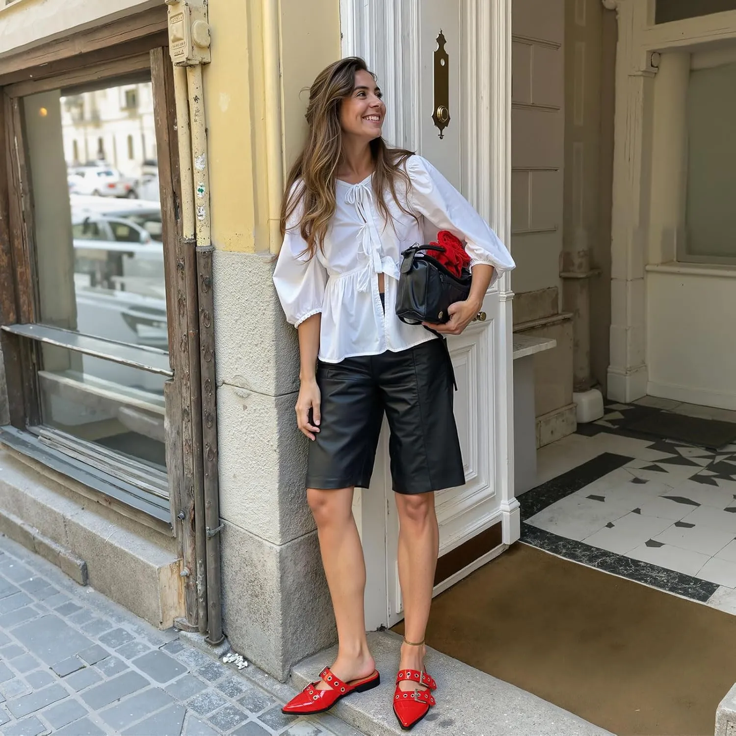 Buckle Flats for Women Pointy Toe Wide Welt Buckled Mules Low Block Heel Slippers Mary Jane Shoes Comfortable Ballerina Flats
