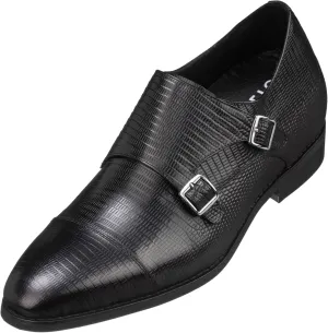 CALTO Men's Invisible Height Increasing Elevator Shoes - Black Leather Slip-on Dual Monk Straps Formal Loafers- 2.8 Inches Taller - K3114 - Size 8 D(M) US