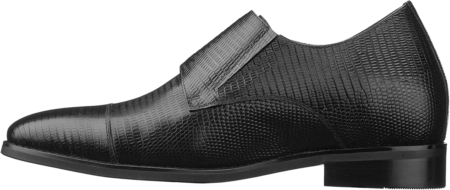 CALTO Men's Invisible Height Increasing Elevator Shoes - Black Leather Slip-on Dual Monk Straps Formal Loafers- 2.8 Inches Taller - K3114 - Size 8 D(M) US