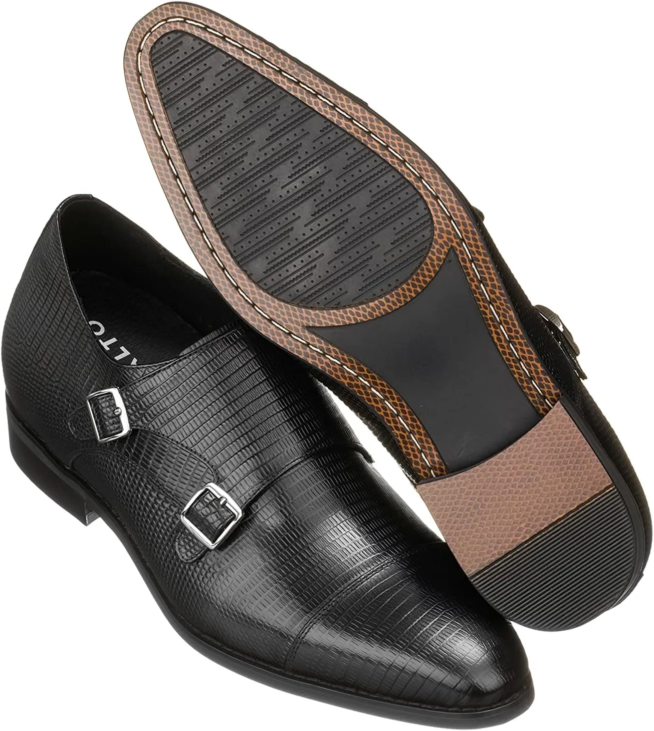 CALTO Men's Invisible Height Increasing Elevator Shoes - Black Leather Slip-on Dual Monk Straps Formal Loafers- 2.8 Inches Taller - K3114 - Size 8 D(M) US