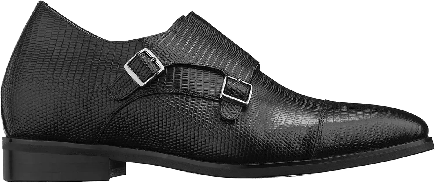 CALTO Men's Invisible Height Increasing Elevator Shoes - Black Leather Slip-on Dual Monk Straps Formal Loafers- 2.8 Inches Taller - K3114 - Size 8 D(M) US
