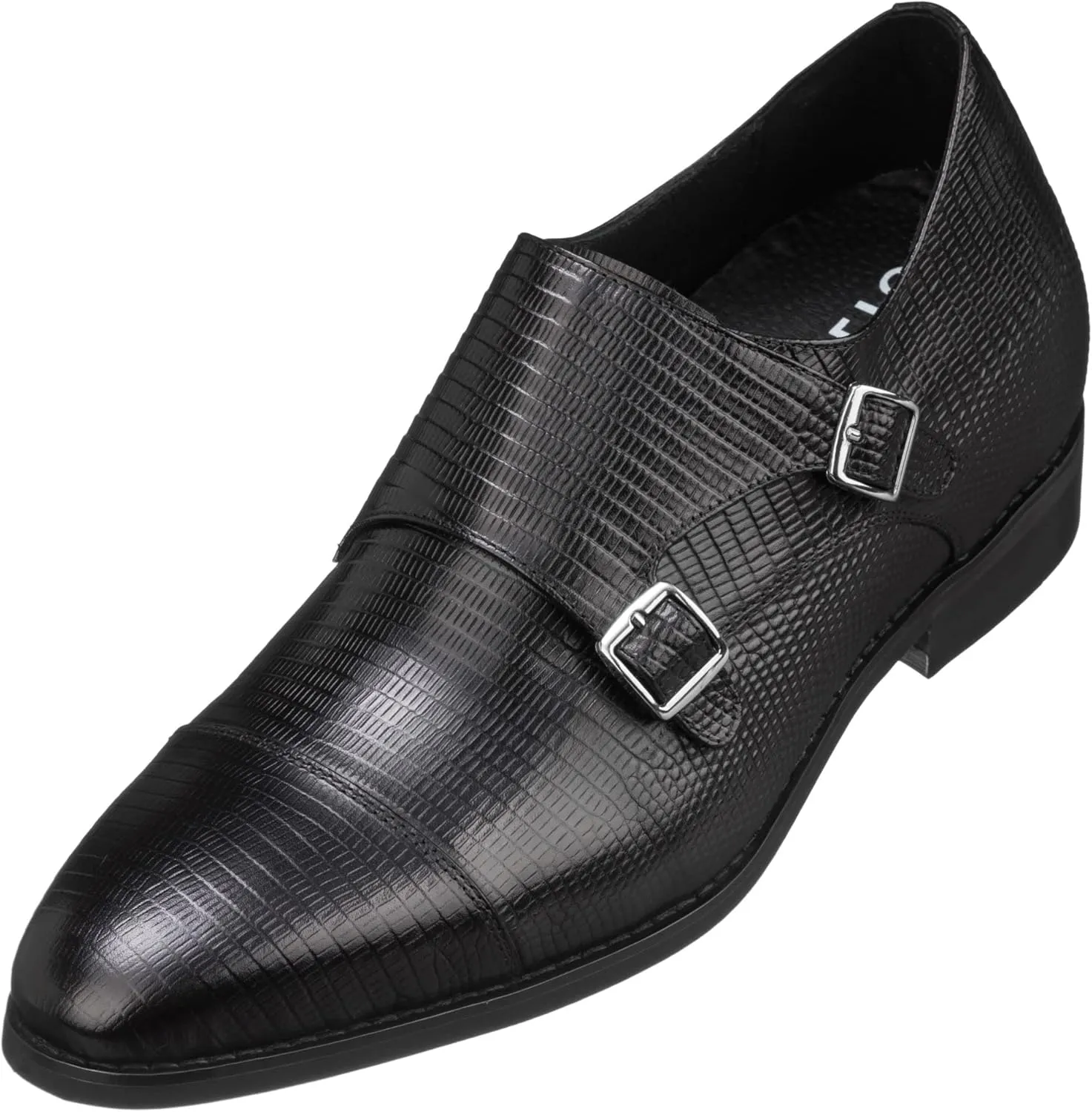 CALTO Men's Invisible Height Increasing Elevator Shoes - Black Leather Slip-on Dual Monk Straps Formal Loafers- 2.8 Inches Taller - K3114 - Size 8 D(M) US