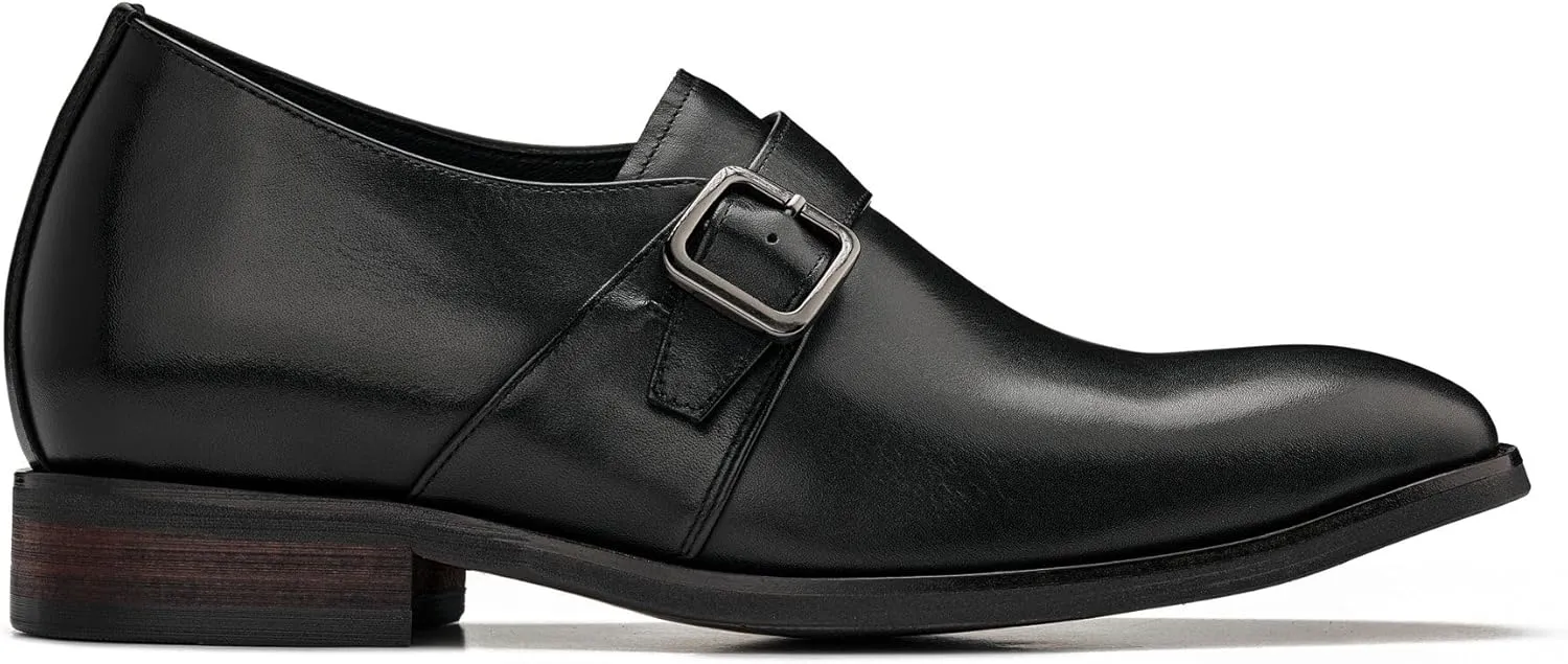 CALTO Men's Invisible Height Increasing Elevator Shoes - Black Leather Slip-on Monk-Strap Dress Loafers - 2.8 Inches Taller - Y7254 - Size 7.5 D(M) US
