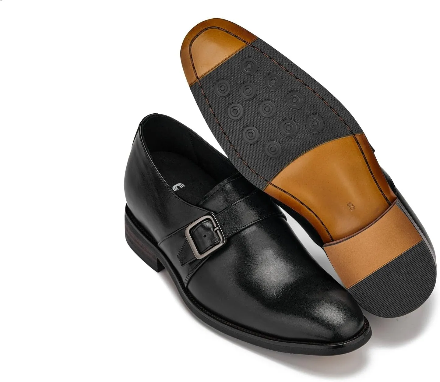 CALTO Men's Invisible Height Increasing Elevator Shoes - Black Leather Slip-on Monk-Strap Dress Loafers - 2.8 Inches Taller - Y7254 - Size 8 D(M) US