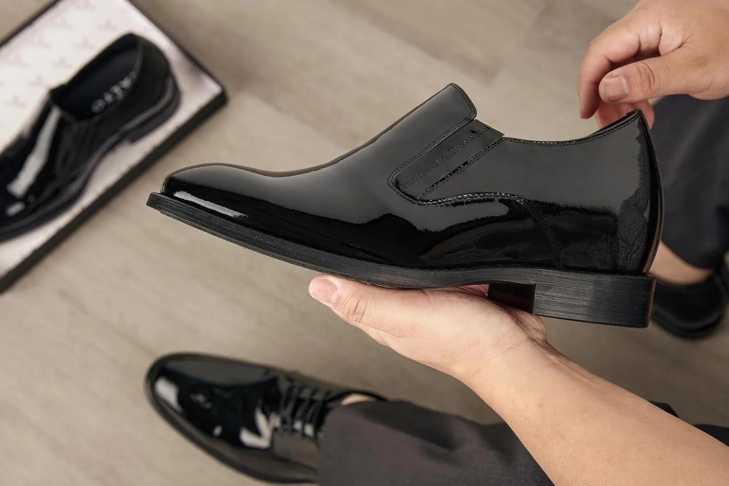 CALTO Men's Invisible Height Increasing Elevator Shoes - Black Patent Leather Slip-on Formal Dress Loafers - 2.8 Inches Taller - Y7402 - Size 9 D(M) US