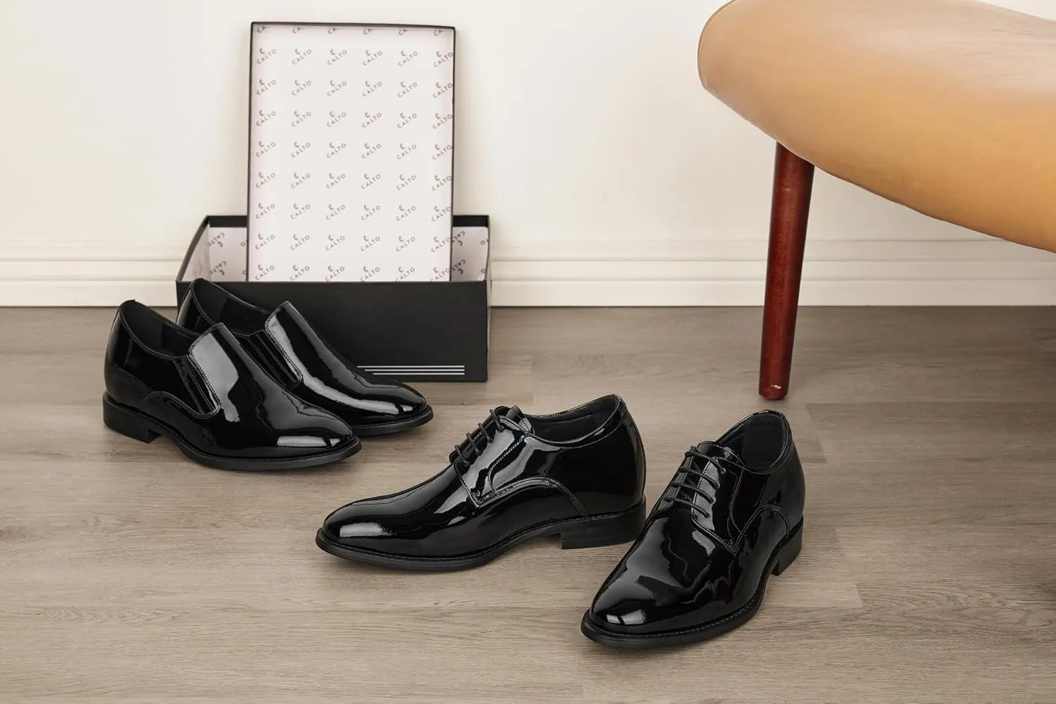 CALTO Men's Invisible Height Increasing Elevator Shoes - Black Patent Leather Slip-on Formal Dress Loafers - 2.8 Inches Taller - Y7402 - Size 9 D(M) US