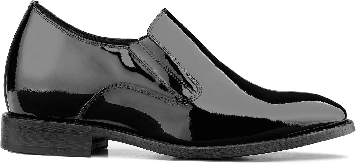 CALTO Men's Invisible Height Increasing Elevator Shoes - Black Patent Leather Slip-on Formal Dress Loafers - 2.8 Inches Taller - Y7402 - Size 9 D(M) US