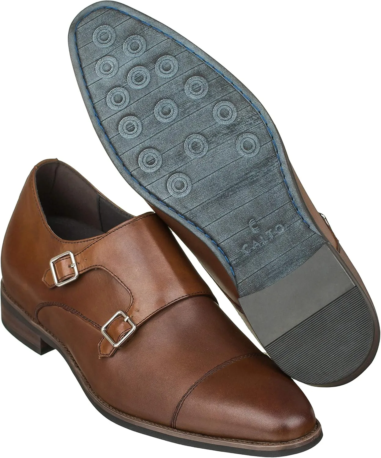 CALTO Men's Invisible Height Increasing Elevator Shoes - Brown Premium Leather Slip-on Lightweight Casual Loafers - 3 Inches Taller - S3507 - Size 9 D(M) US