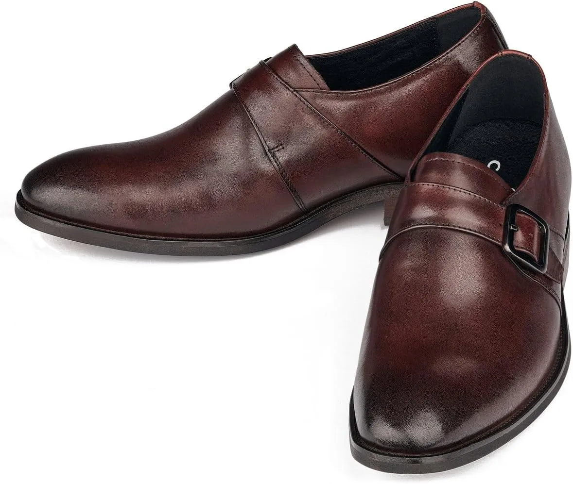 CALTO Men's Invisible Height Increasing Elevator Shoes - Cordovan Dark Brown Leather Slip-on Monk-Strap Dress Loafers - 2.8 Inches Taller - Y7256 - Size 6 D(M) US