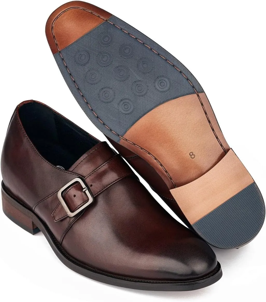 CALTO Men's Invisible Height Increasing Elevator Shoes - Cordovan Dark Brown Leather Slip-on Monk-Strap Dress Loafers - 2.8 Inches Taller - Y7256 - Size 6 D(M) US