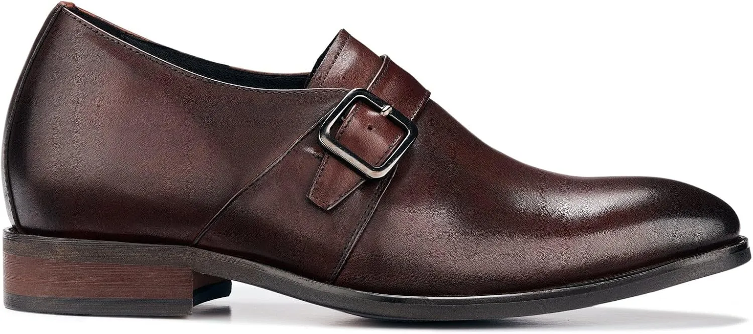 CALTO Men's Invisible Height Increasing Elevator Shoes - Cordovan Dark Brown Leather Slip-on Monk-Strap Dress Loafers - 2.8 Inches Taller - Y7256 - Size 6 D(M) US