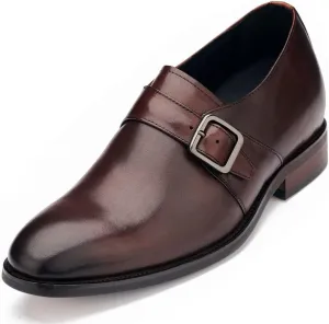 CALTO Men's Invisible Height Increasing Elevator Shoes - Cordovan Dark Brown Leather Slip-on Monk-Strap Dress Loafers - 2.8 Inches Taller - Y7256 - Size 6 D(M) US