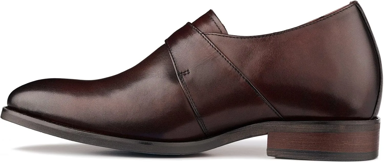 CALTO Men's Invisible Height Increasing Elevator Shoes - Cordovan Dark Brown Leather Slip-on Monk-Strap Dress Loafers - 2.8 Inches Taller - Y7256 - Size 6 D(M) US