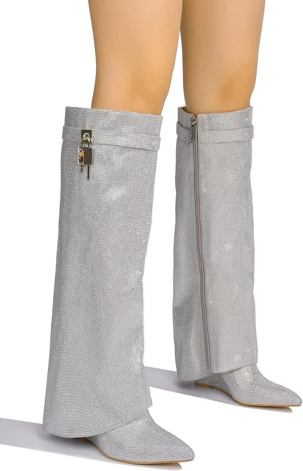 Cape Robbin Women Rhinestone Fold Over Knee High Wedge Heel Boots