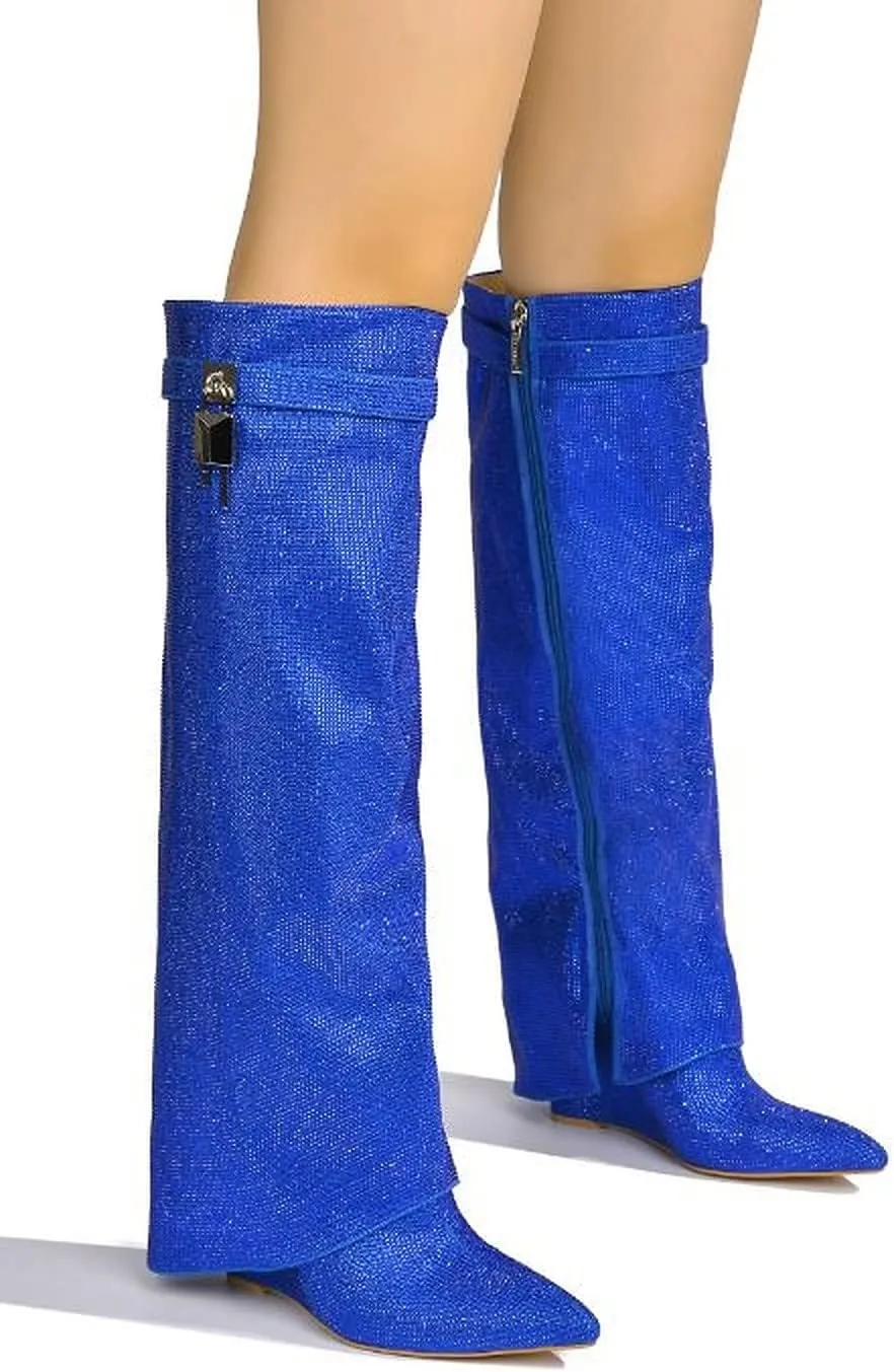 Cape Robbin Women Rhinestone Fold Over Knee High Wedge Heel Boots