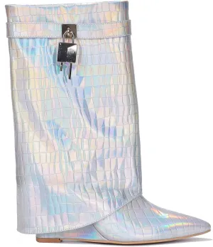 Cape Robbin Women's Fold Over Padlock Mid Calf Wedge Heel Pointed Toe Pull-On Boots Booties