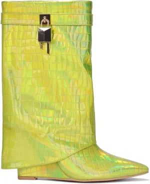 Cape Robbin Women's Fold Over Padlock Mid Calf Wedge Heel Pointed Toe Pull-On Boots Booties