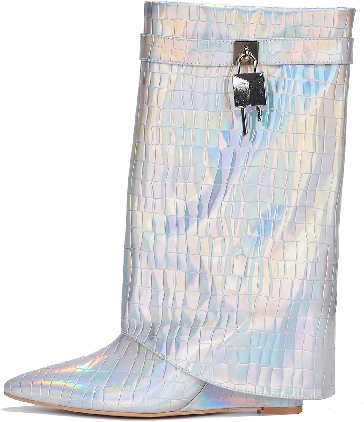 Cape Robbin Women's Fold Over Padlock Mid Calf Wedge Heel Pointed Toe Pull-On Boots Booties