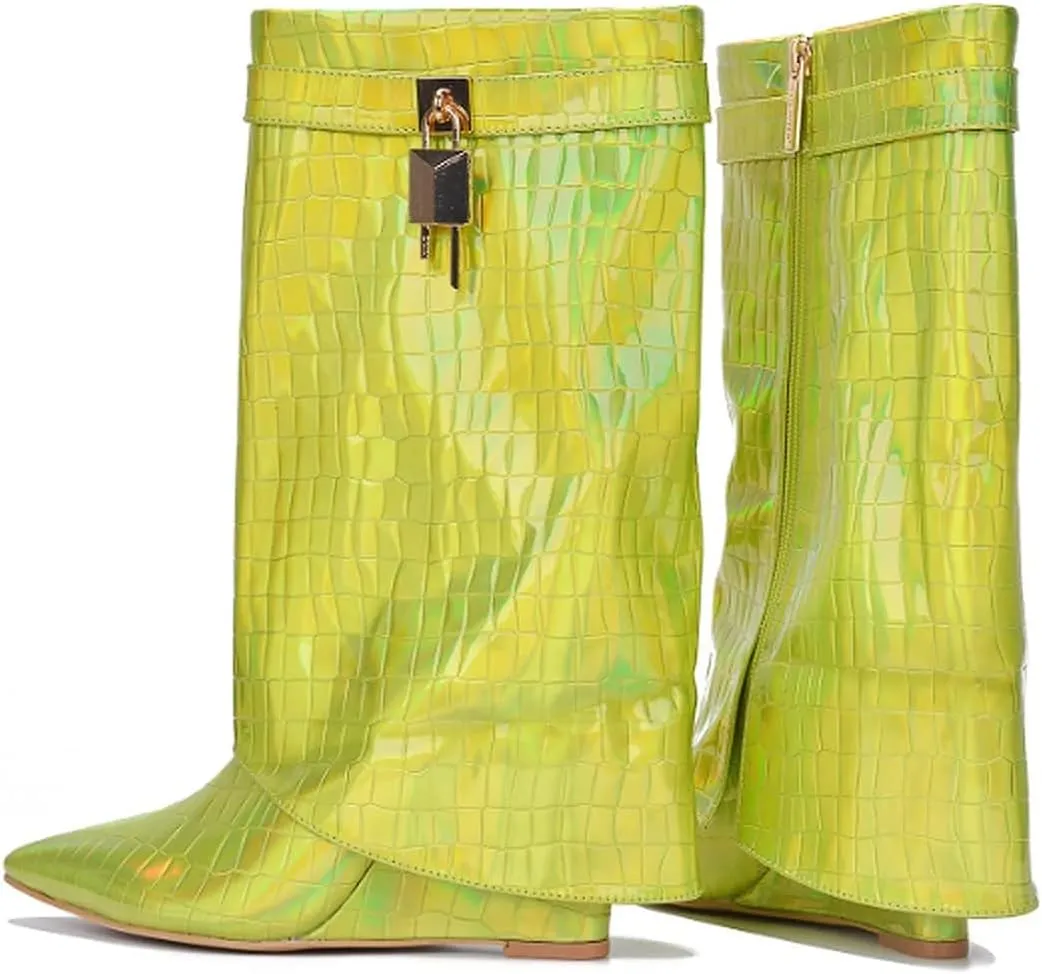 Cape Robbin Women's Fold Over Padlock Mid Calf Wedge Heel Pointed Toe Pull-On Boots Booties