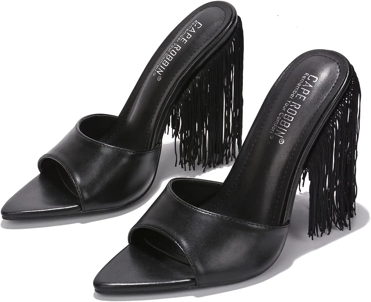 Cape Robbin Women's Fringe Open Toe Mule Slip on Stiletto Heel Sandals