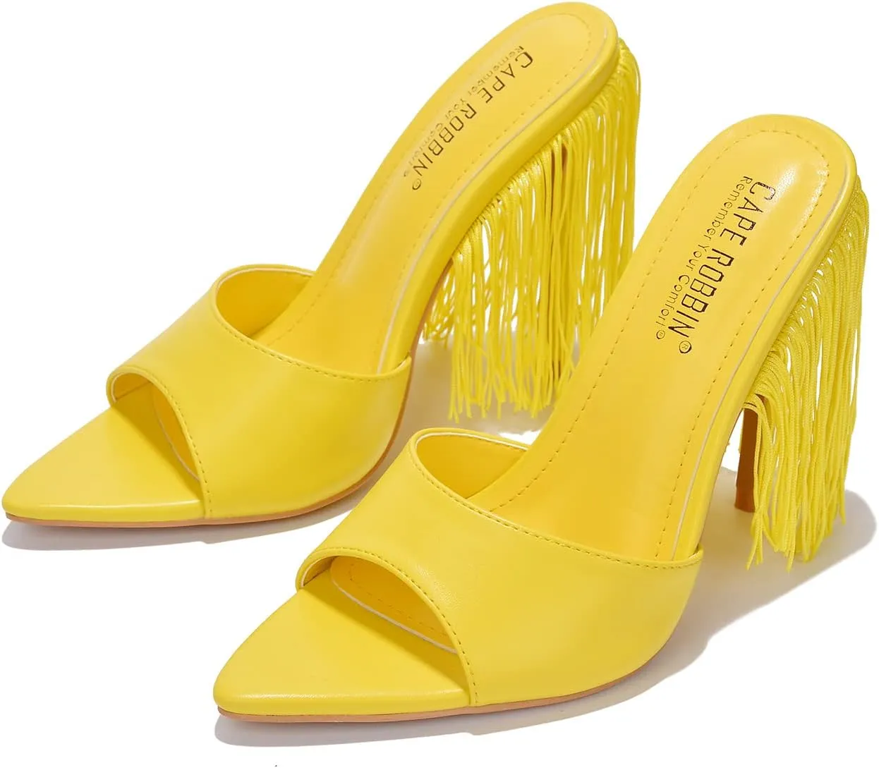 Cape Robbin Women's Fringe Open Toe Mule Slip on Stiletto Heel Sandals