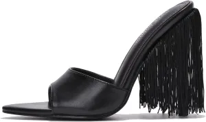 Cape Robbin Women's Fringe Open Toe Mule Slip on Stiletto Heel Sandals