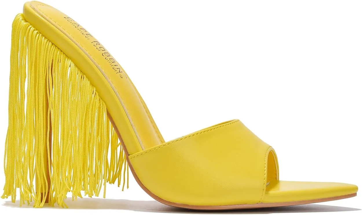 Cape Robbin Women's Fringe Open Toe Mule Slip on Stiletto Heel Sandals