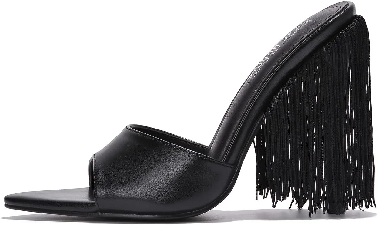 Cape Robbin Women's Fringe Open Toe Mule Slip on Stiletto Heel Sandals