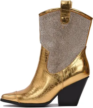 Cape Robbin Women's Western Cowboy Boots - Pointed Toe Pull-On Rhinestone Accents & Chunky Heel (Zephyr)
