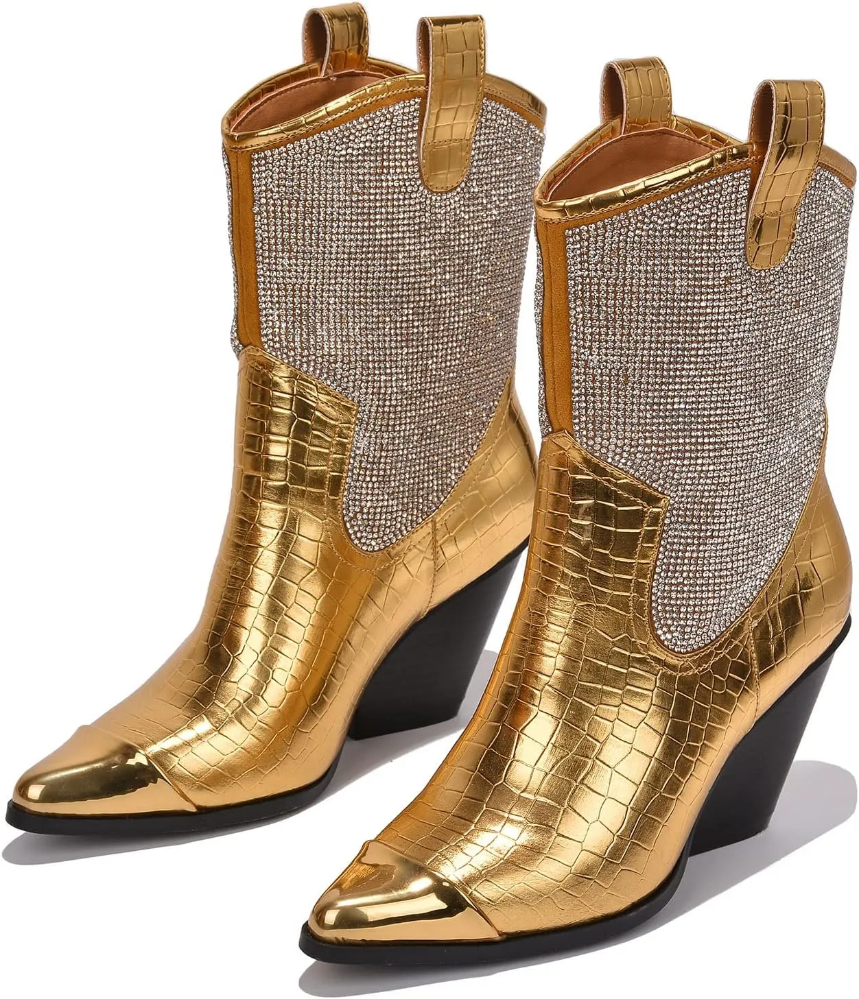 Cape Robbin Women's Western Cowboy Boots - Pointed Toe Pull-On Rhinestone Accents & Chunky Heel (Zephyr)