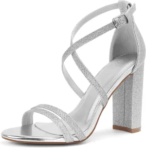 Carcuume Women's Strappy Heels 4-inch Chunky Block Heel Open Toe Ankle Strap Comfortable Party Wedding Shoes,AMBER-Silver Glitter-9