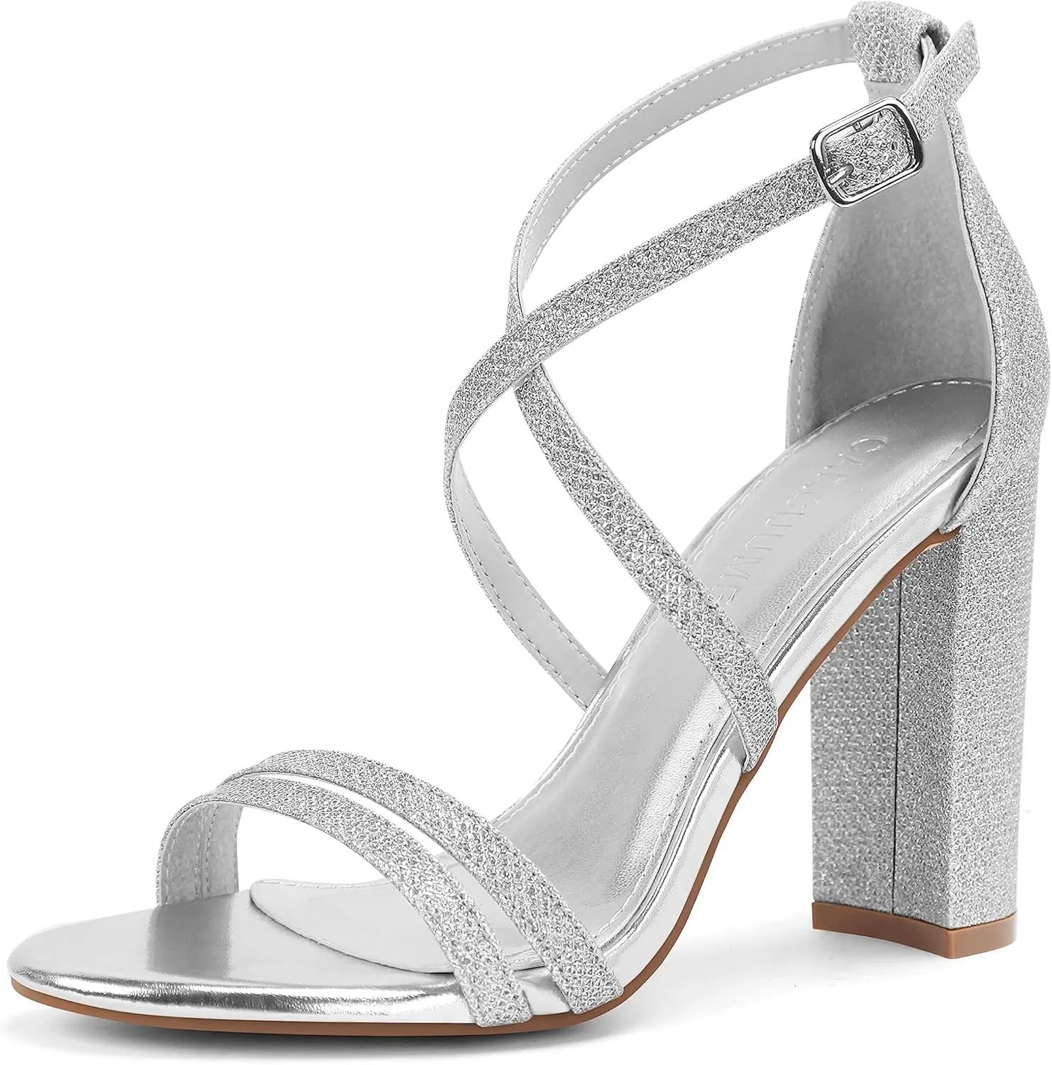 Carcuume Women's Strappy Heels 4-inch Chunky Block Heel Open Toe Ankle Strap Comfortable Party Wedding Shoes,AMBER-Silver Glitter-9