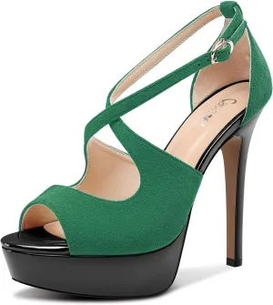 Castamere Womens High Platform Stiletto Heel Peep Open Toe Sandals Cross-Strap Two-Piece Patchwork Prom Dress 5.1 Inches Heels