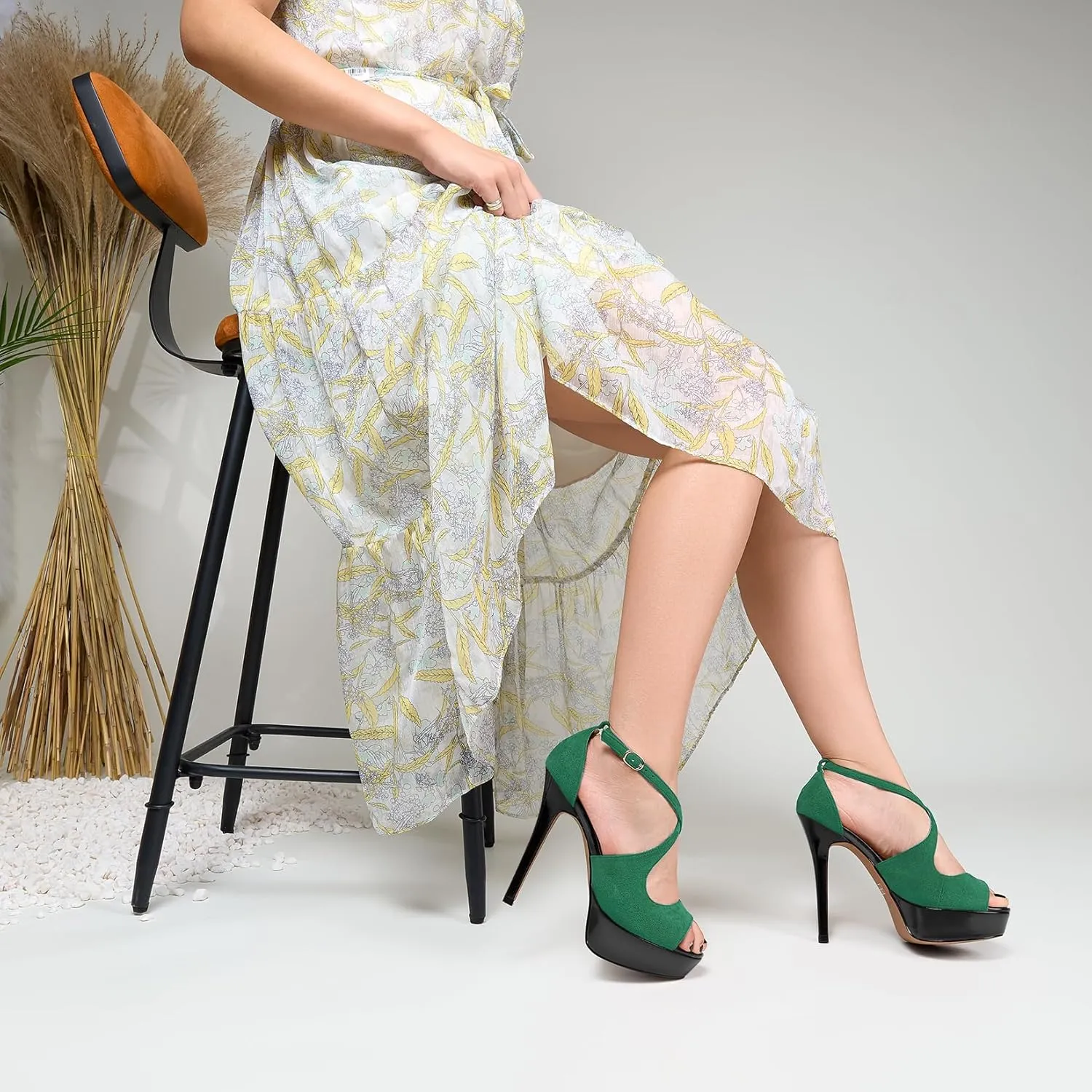 Castamere Womens High Platform Stiletto Heel Peep Open Toe Sandals Cross-Strap Two-Piece Patchwork Prom Dress 5.1 Inches Heels