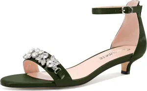 Castamere Womens Low Kitten Heel Open Toe Sandals Ankle Strap Rhinestone Crystal Wedding Dress Satin 1.2 Inches Heels