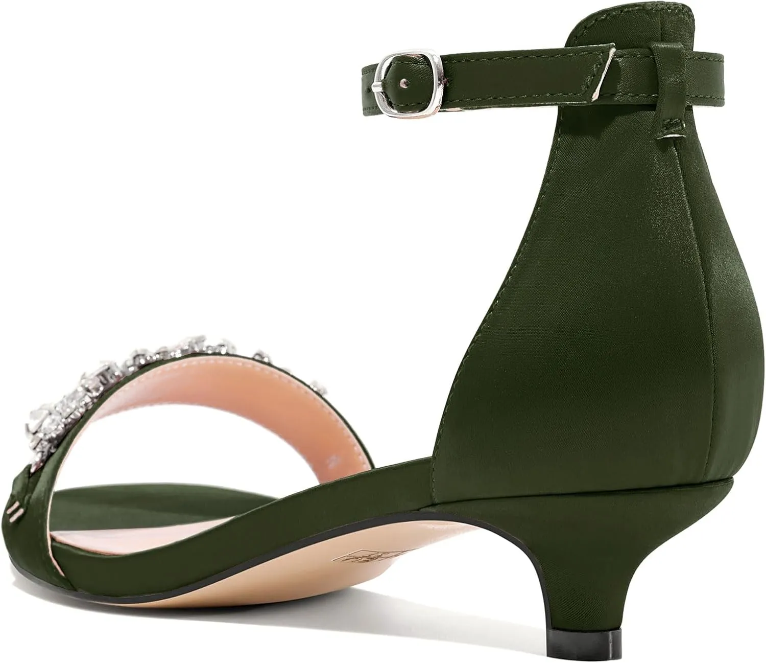 Castamere Womens Low Kitten Heel Open Toe Sandals Ankle Strap Rhinestone Crystal Wedding Dress Satin 1.2 Inches Heels