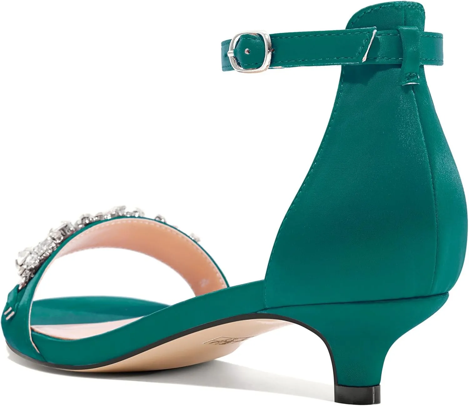 Castamere Womens Low Kitten Heel Open Toe Sandals Ankle Strap Rhinestone Crystal Wedding Dress Satin 1.2 Inches Heels