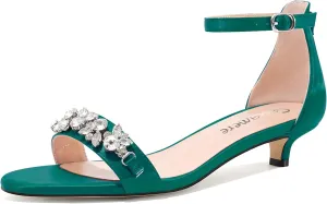 Castamere Womens Low Kitten Heel Open Toe Sandals Ankle Strap Rhinestone Crystal Wedding Dress Satin 1.2 Inches Heels