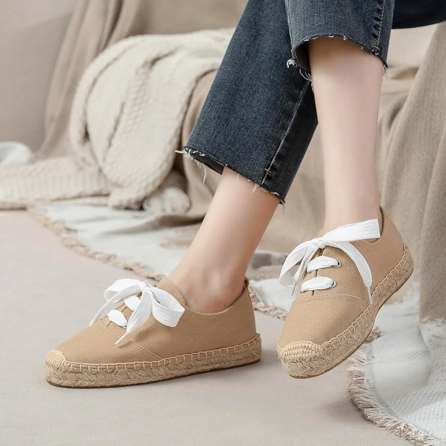 Casual Simple Espadrille Sneakers - Comfortable and Breathable Lace Up Women Flats Thick Bottom Espadrilles, Can Be Worn with Jeans, Long Skirts,Shorts