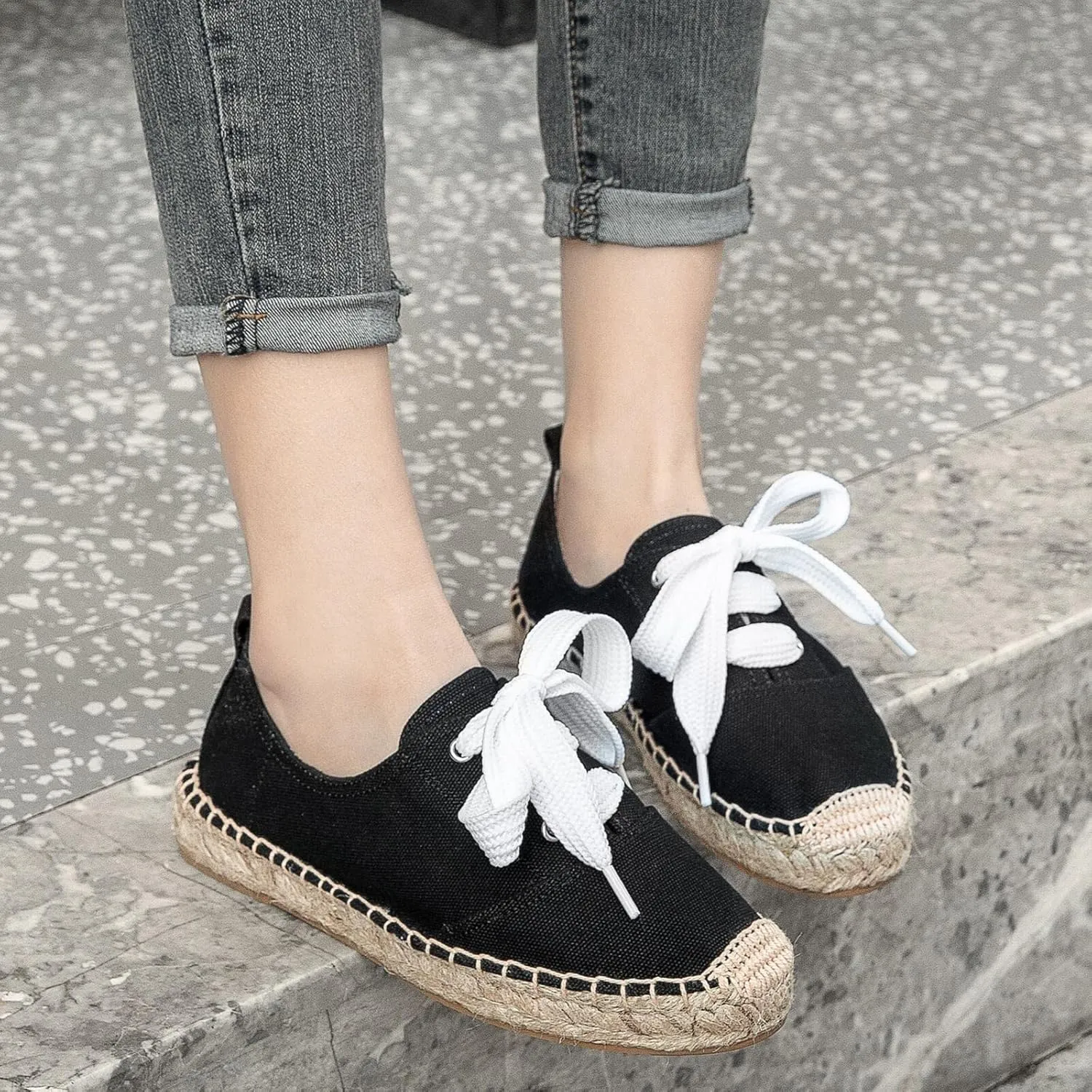 Casual Simple Espadrille Sneakers - Comfortable and Breathable Lace Up Women Flats Thick Bottom Espadrilles, Can Be Worn with Jeans, Long Skirts,Shorts