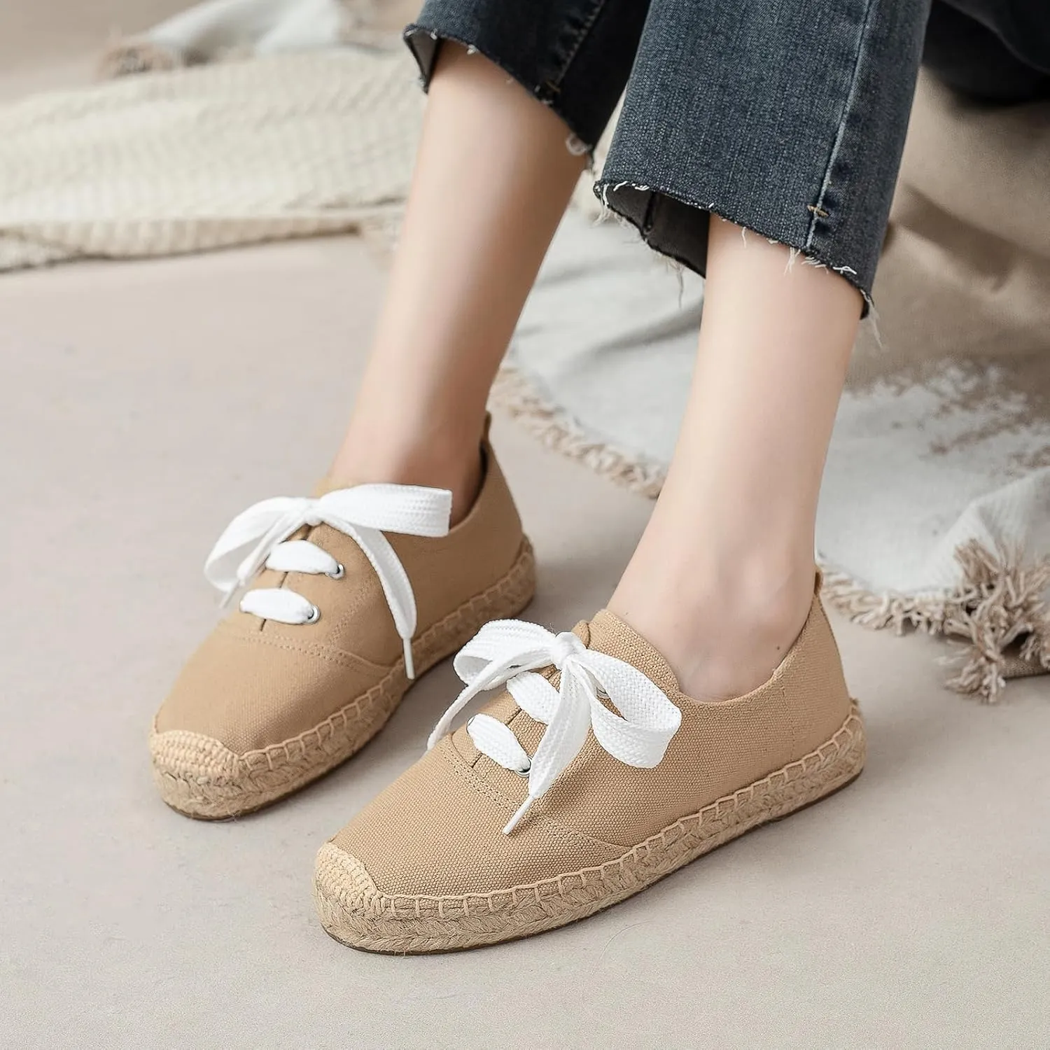 Casual Simple Espadrille Sneakers - Comfortable and Breathable Lace Up Women Flats Thick Bottom Espadrilles, Can Be Worn with Jeans, Long Skirts,Shorts