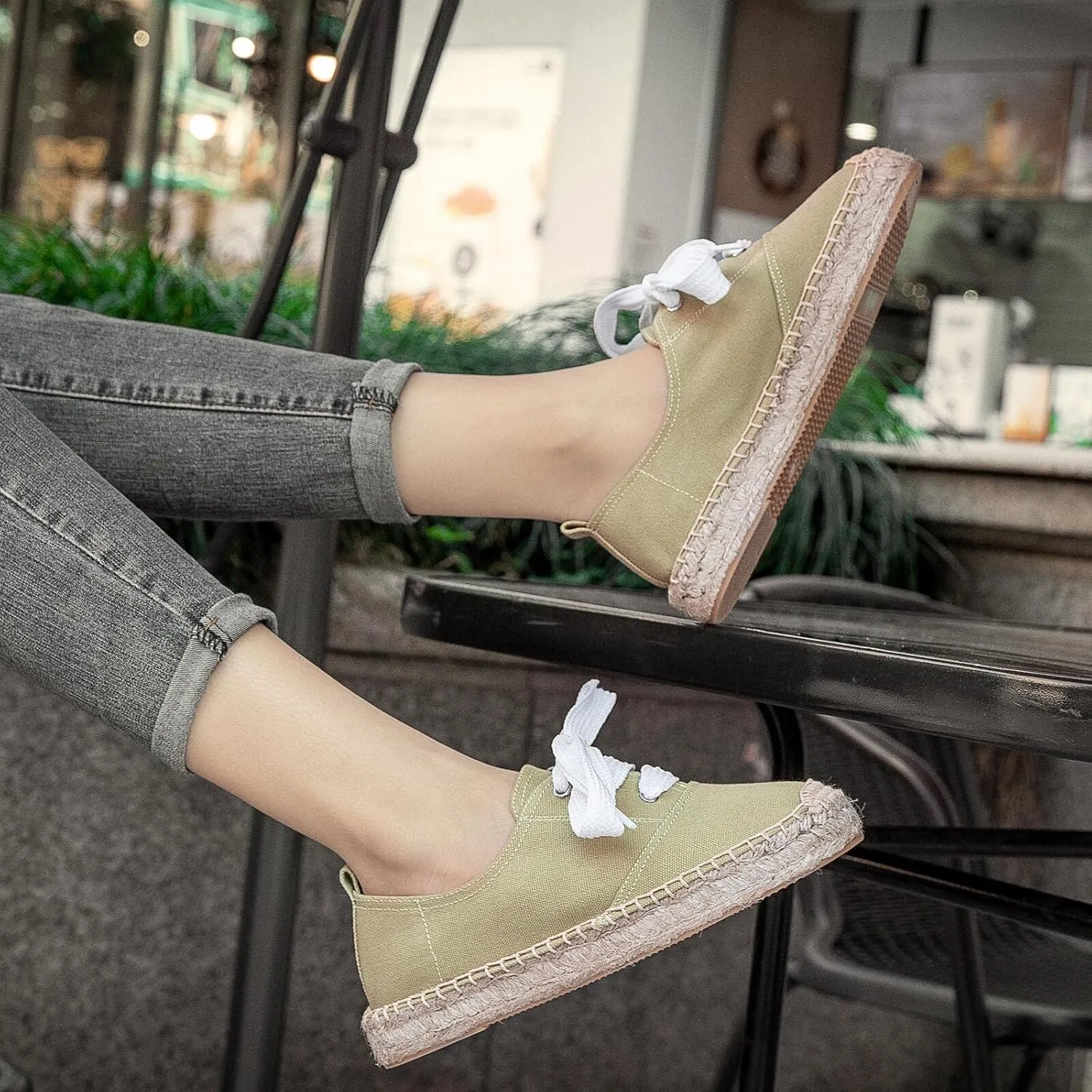 Casual Simple Espadrille Sneakers - Comfortable and Breathable Lace Up Women Flats Thick Bottom Espadrilles, Can Be Worn with Jeans, Long Skirts,Shorts