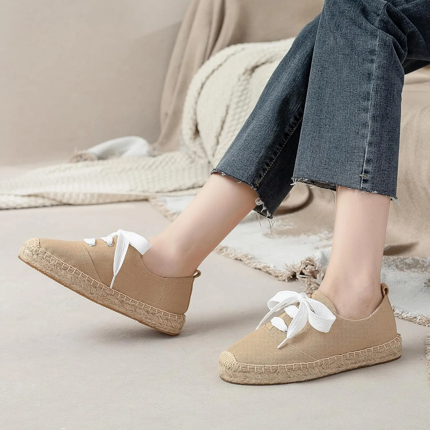 Casual Simple Espadrille Sneakers - Comfortable and Breathable Lace Up Women Flats Thick Bottom Espadrilles, Can Be Worn with Jeans, Long Skirts,Shorts