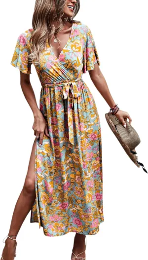 CCTOO Women's Summer Maxi Dress Casual Boho Floral Wrap V Neck Short Sleeve Ruffle Split Flowy Long Beach Dresses with Belt