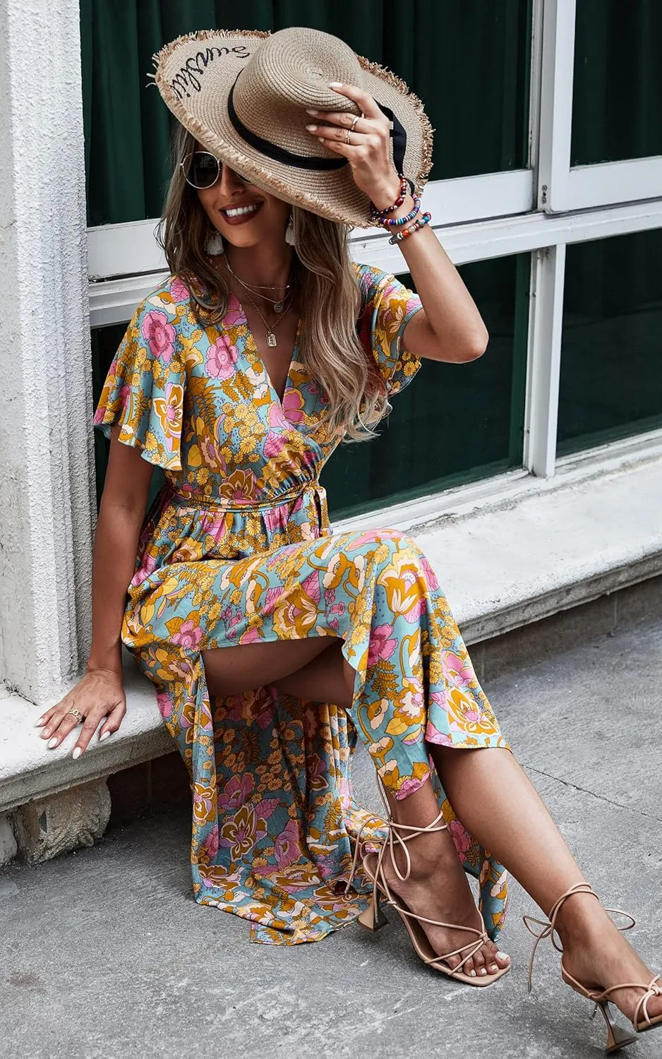 CCTOO Women's Summer Maxi Dress Casual Boho Floral Wrap V Neck Short Sleeve Ruffle Split Flowy Long Beach Dresses with Belt