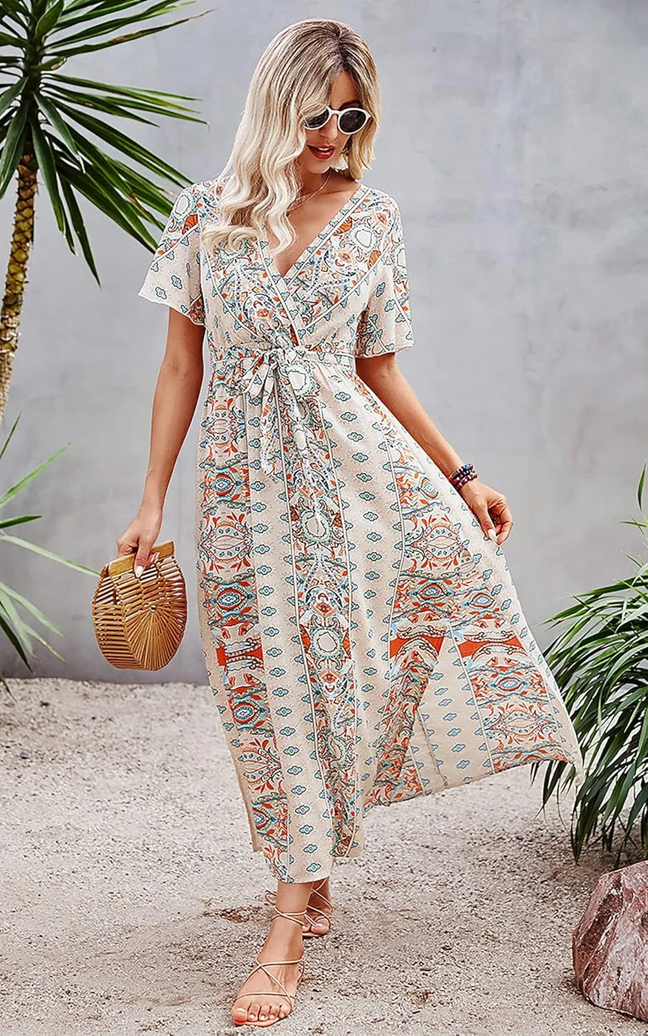 CCTOO Women's Summer Maxi Dress Casual Boho Floral Wrap V Neck Short Sleeve Ruffle Split Flowy Long Beach Dresses with Belt